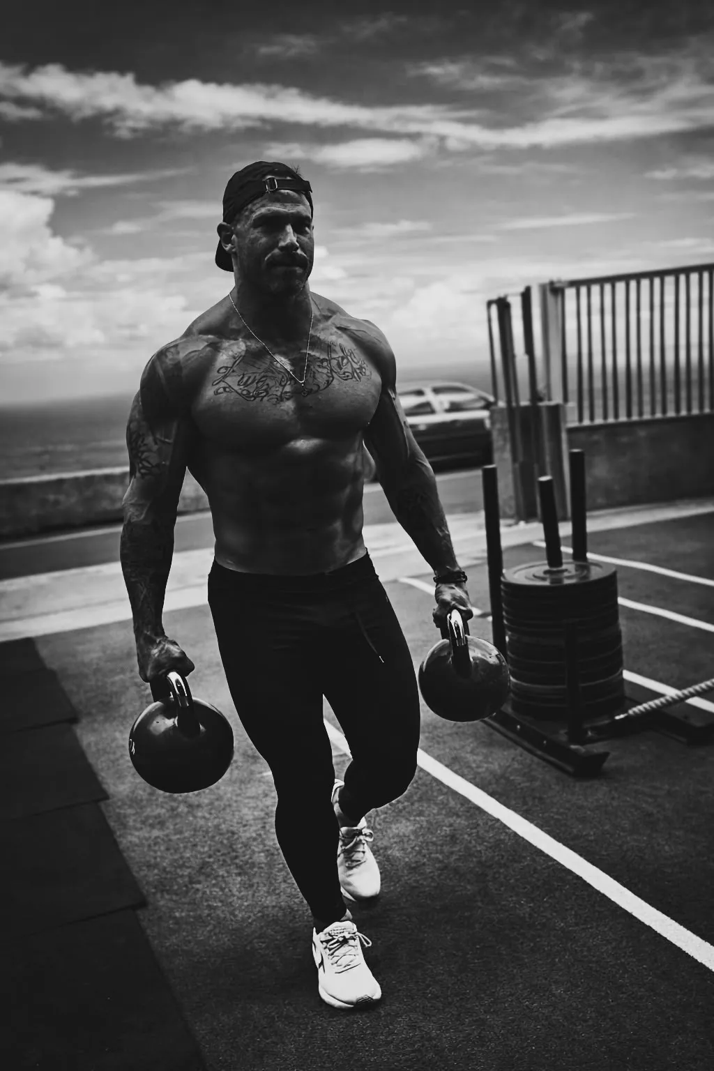 Jacob caminando con dos kettlebells junto al mar, en blanco y negro